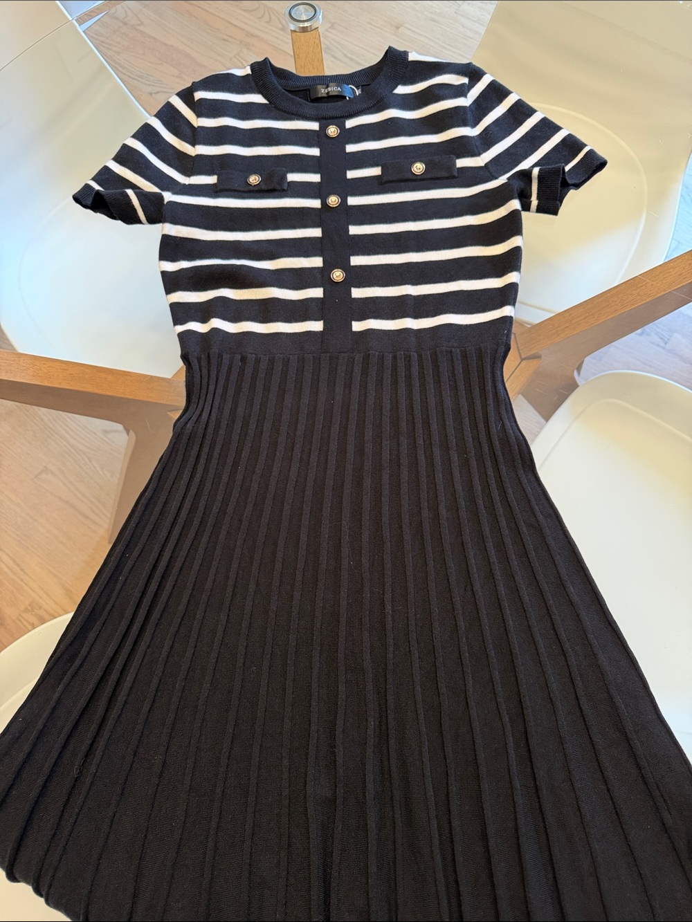 Striped Short-Sleeve Knit Fit-and-Flare Dress in Navy and White